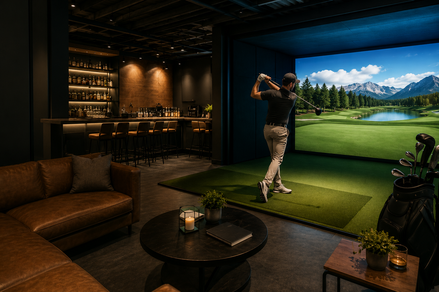 Premium simulator bay with bar lounge