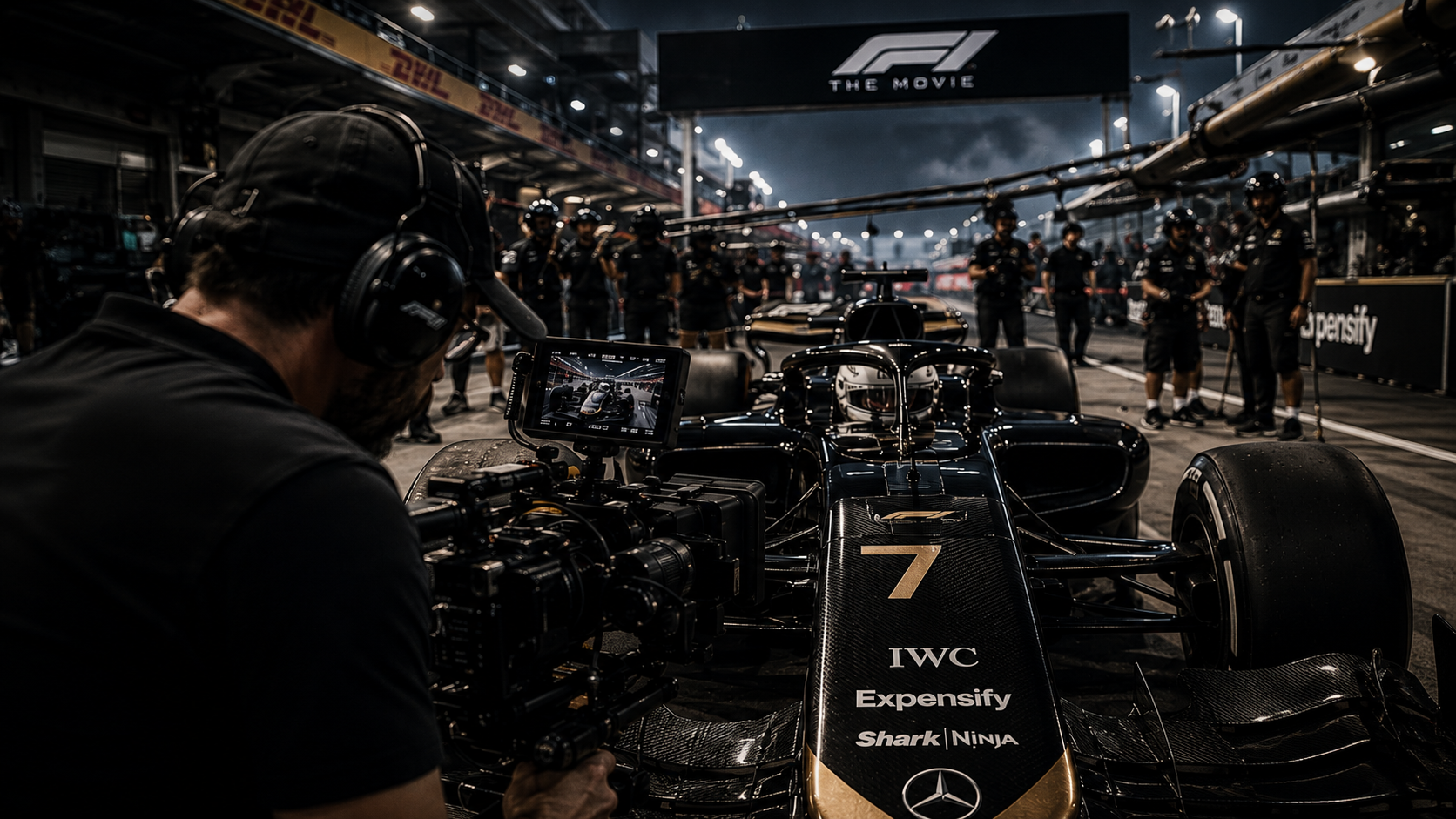 Cinematographer filming a Formula 1 car in the pit lane at night during an F1 The Movie shoot