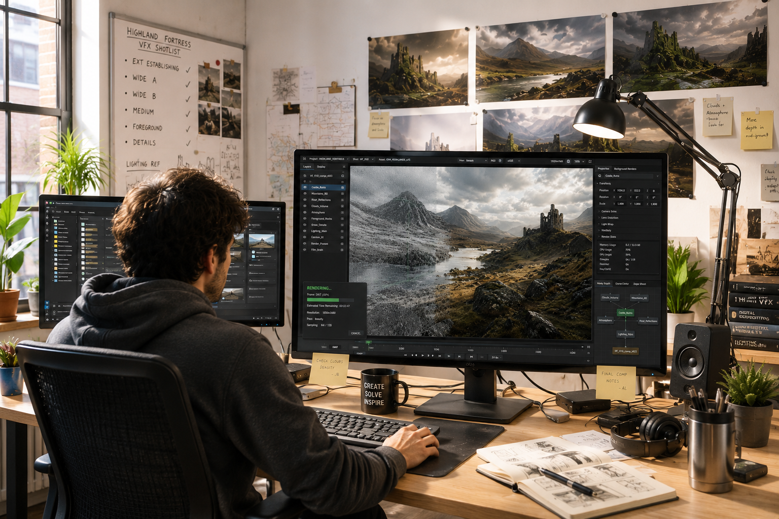 VFX artist working on Highland Fortress shot in a Dublin studio
