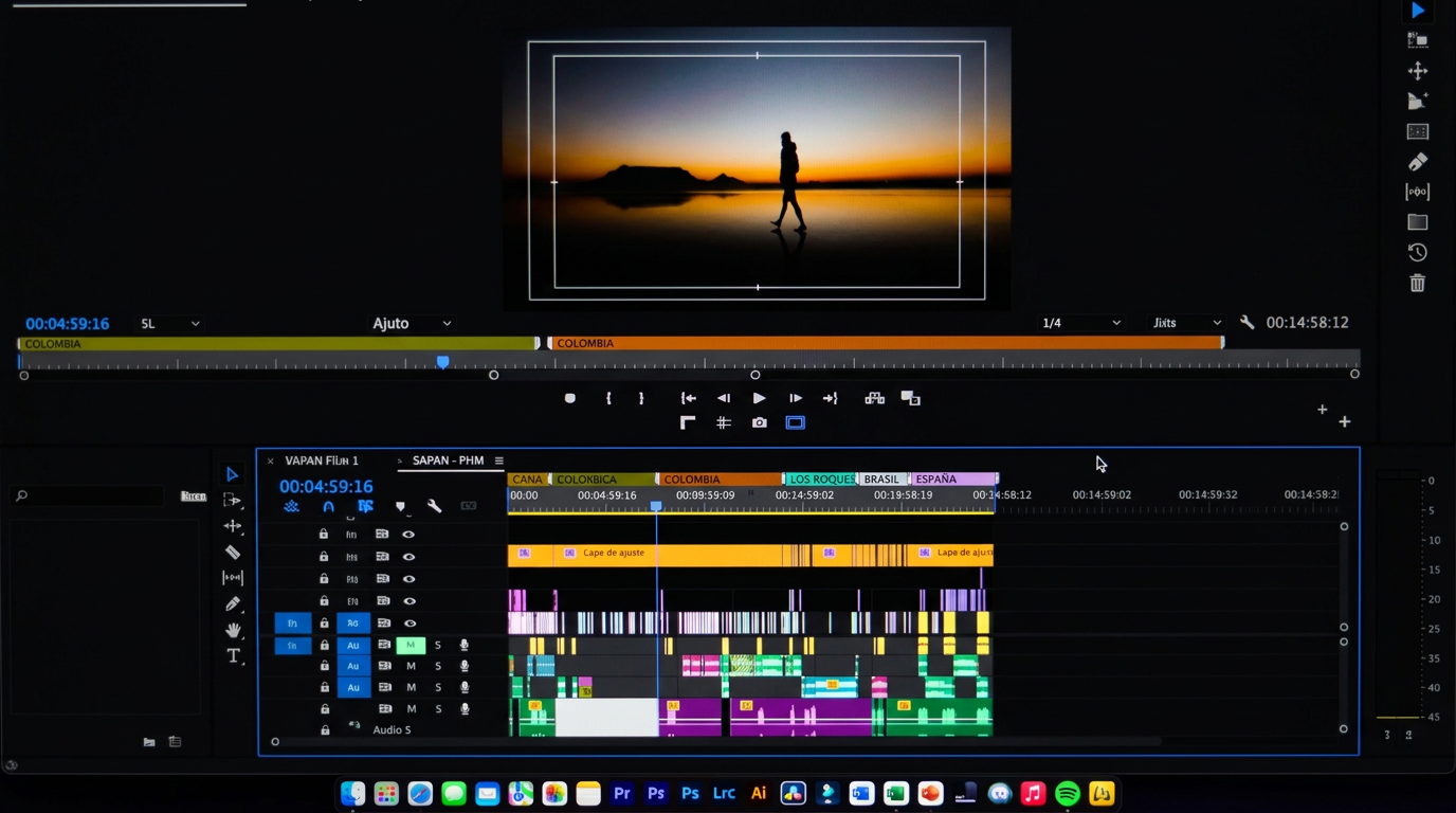 Close-up of a professional video editing timeline and preview monitor, representing high-volume content production